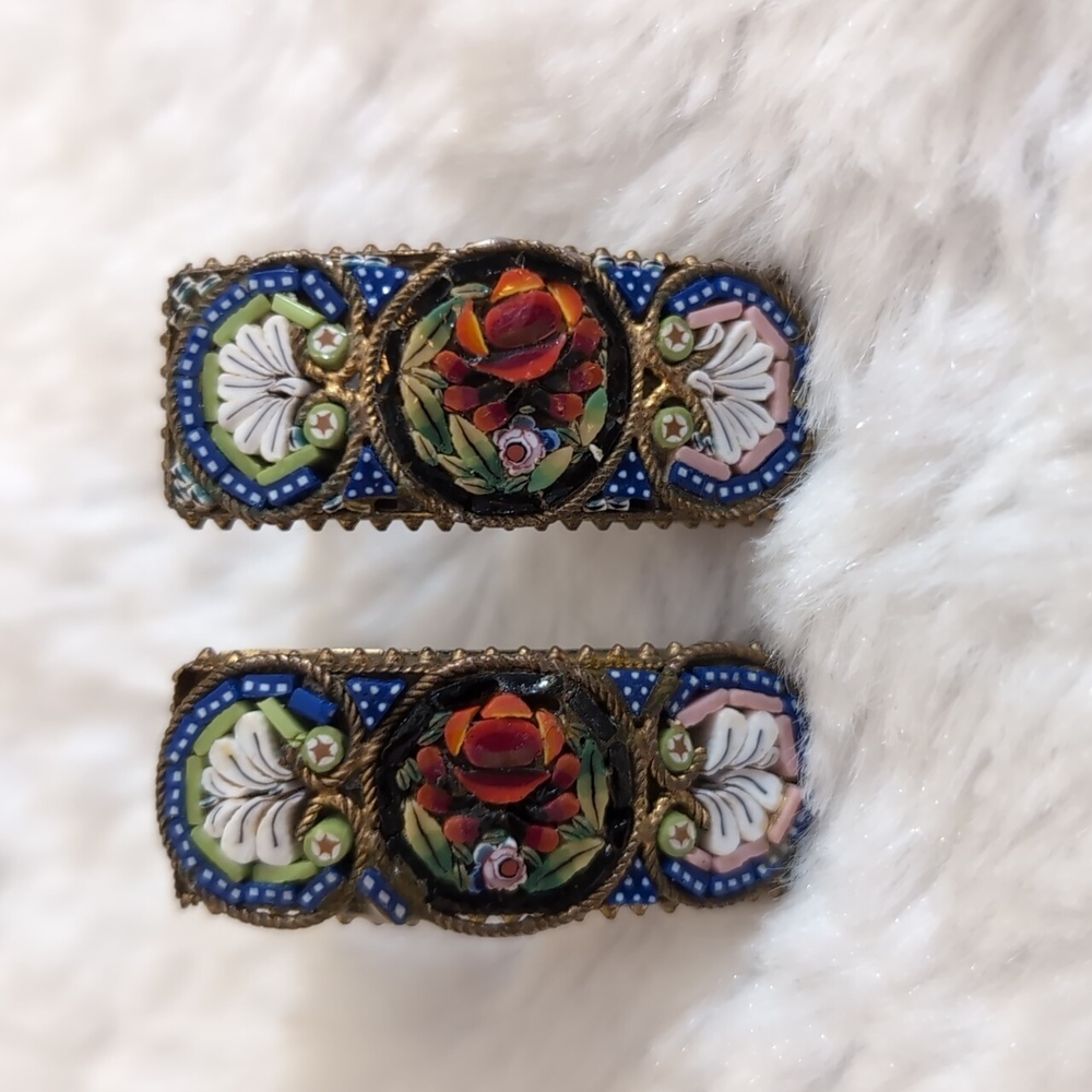Vintage Floral Micro Mosaic Clip On Earrings